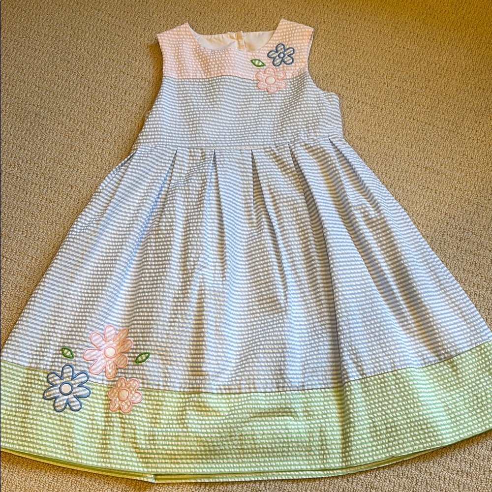 Florence Eiseman girls seersuckerDress with Floral Embroidery